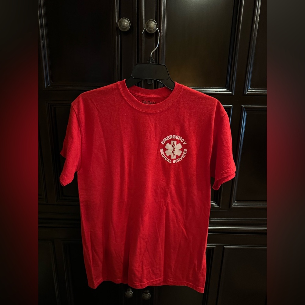 Gildan Red EMS Short Sleeve Tee. EMS Play Safe or I’ll get to see you naked.